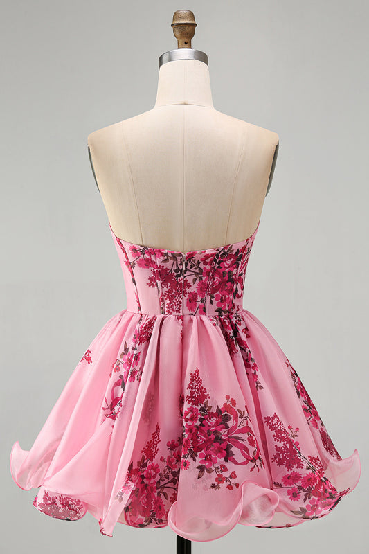Floral Pink Strapless A Line Short Corset Homecoming Dress