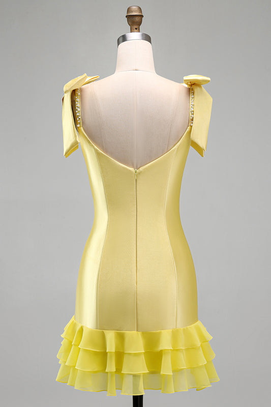Yellow Tight Tiered Ruffed Beaded Satin Short Homecoming Dress with Bows