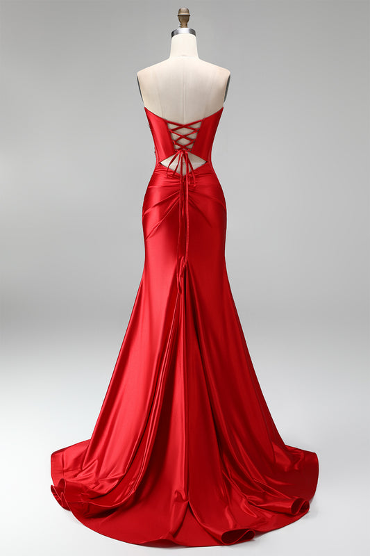 Red Satin Beaded Sweetheart Ruched Mermaid Long Prom Dress with Slit