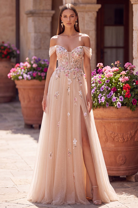 Champagne Floral A Line Beaded Glitter Corset Sequins Long Prom Dress with Slit