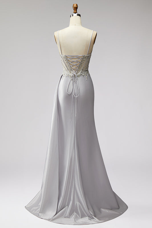 Sparkly Light Grey Corset Beaded Ruched Mermaid Long Prom Dress with Side Cape