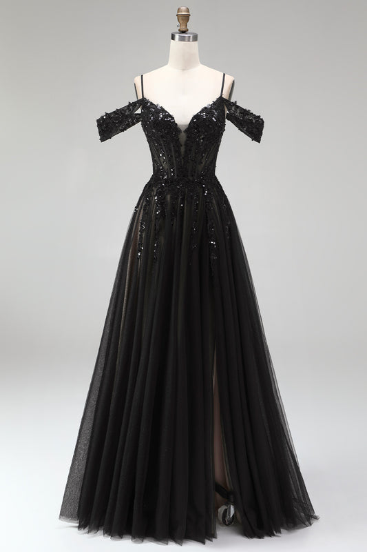 Sparkly Black Corset Sequins Cold Shoulder Beaded A Line Long Prom Dress with Slit