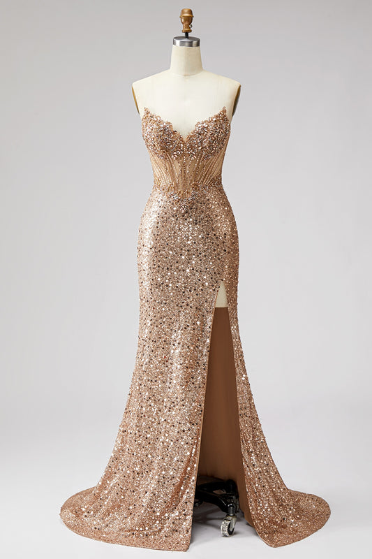 Sparkly Golden Sequin Mermaid Corset Sweetheart Long Prom Dress with Slit