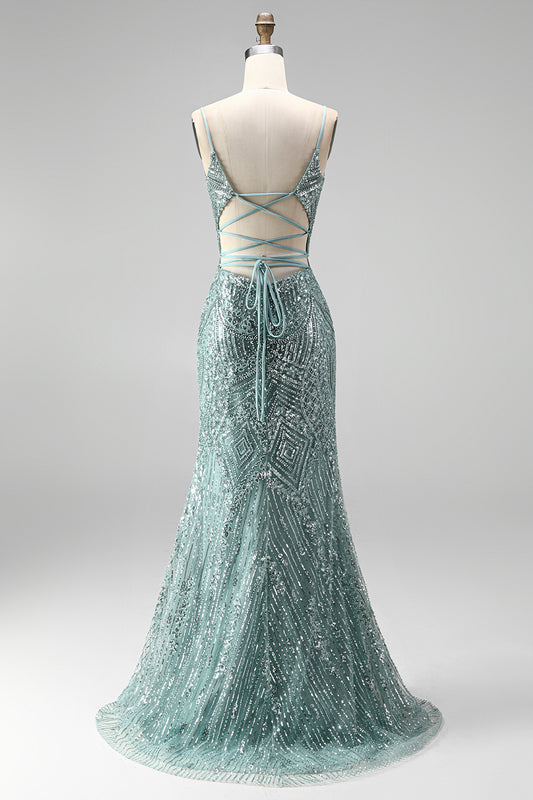 Sparkly Dusty Green Sequins Mermaid Beaded Long Prom Dress with Slit