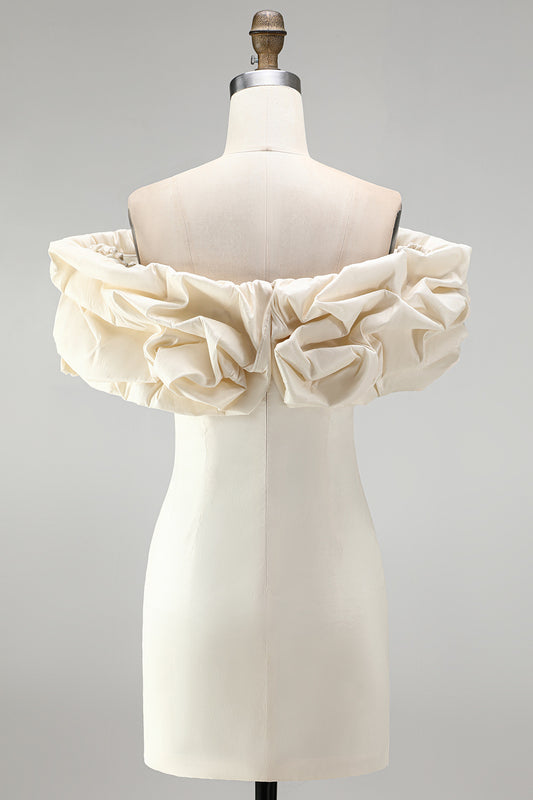 Ivory Tight Off the Shoulder Ruffled Satin Short Graduation Homecoming Dress