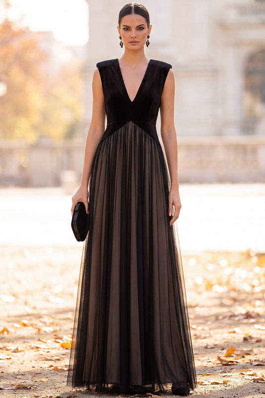 Simple A-Line V-Neck Black Velvet Pleated Long Formal Dress