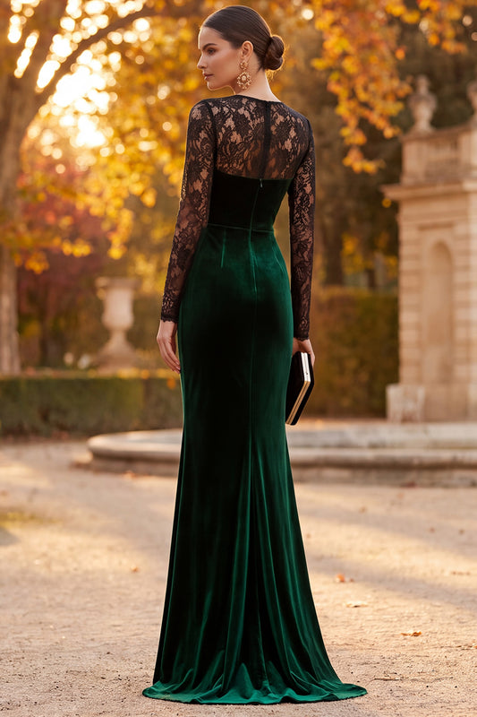 Dark Green Velvet Mermaid Illusion Round Neck Long Sleeves Holiday Party Dress