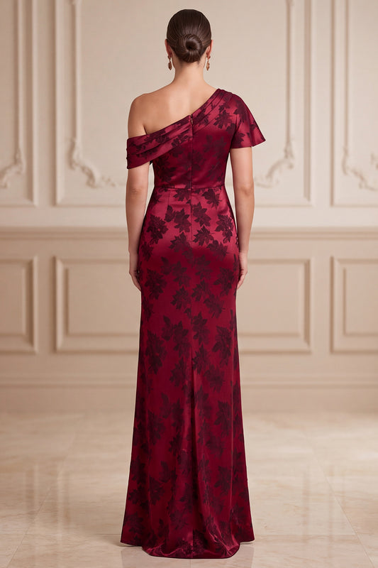 Burgundy Sheath Floral Satin Ruched Long Mother of the Bride Dress with Slit