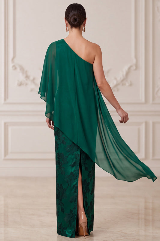 Dark Green Sheath Satin Floral Long Mother of the Bride Dress with Cape