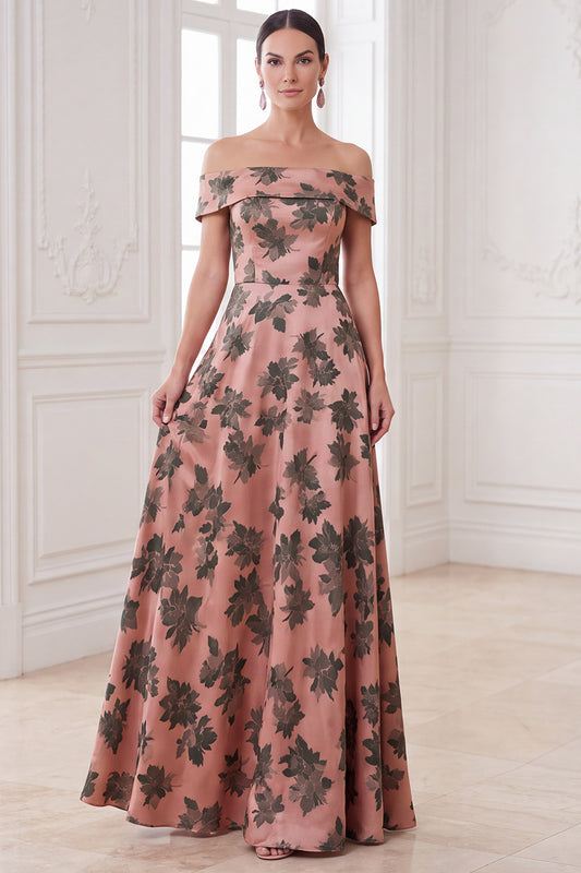 Orange A-Line Off the Shoulder Satin Floral Long Mother of the Bride Dress