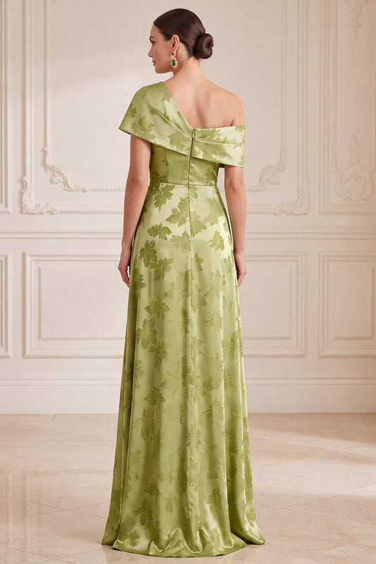 Green A-Line One Shoulder Satin Floral Long Mother of the Bride Dress with Slit