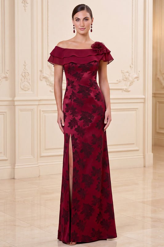 Burgundy Sheath Floral Satin Tiered Ruffled Long Mother of the Bride Dress with Slit