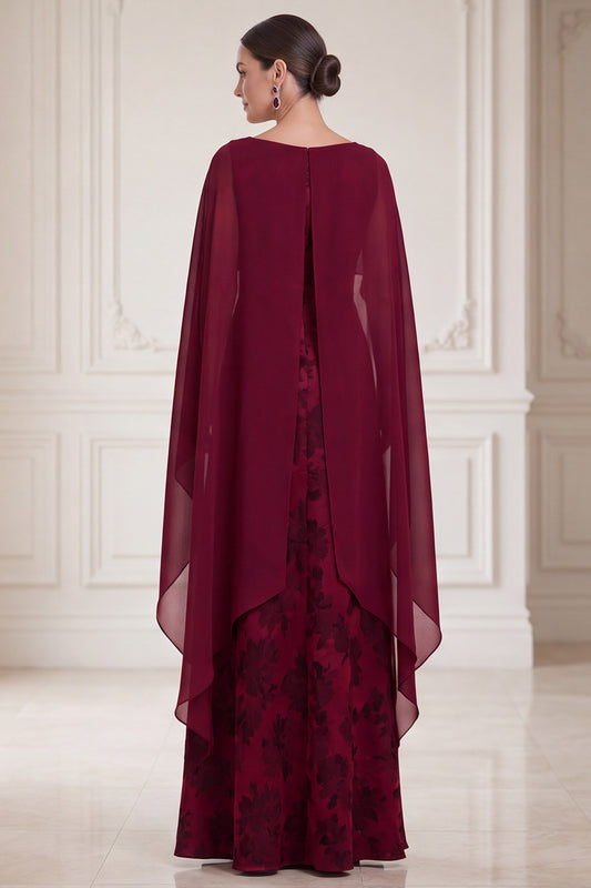 Burgundy A Line Floral Long Satin Mother of the Bride Dress with Cape