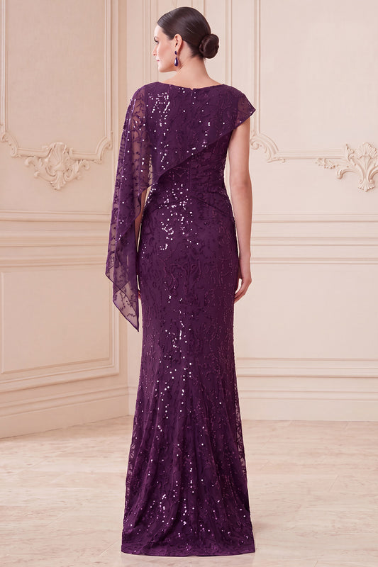 Sparkly Dark Purple Mermaid Sequin Long Mother of the Bride Dress with Side Cape