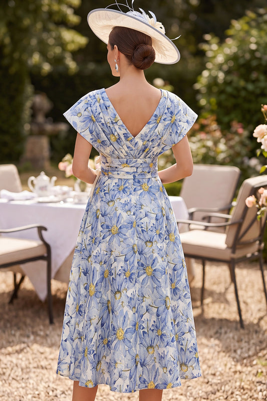 Blue A-Line V-Neck Floral Ruched Midi Mother of the Bride Dress