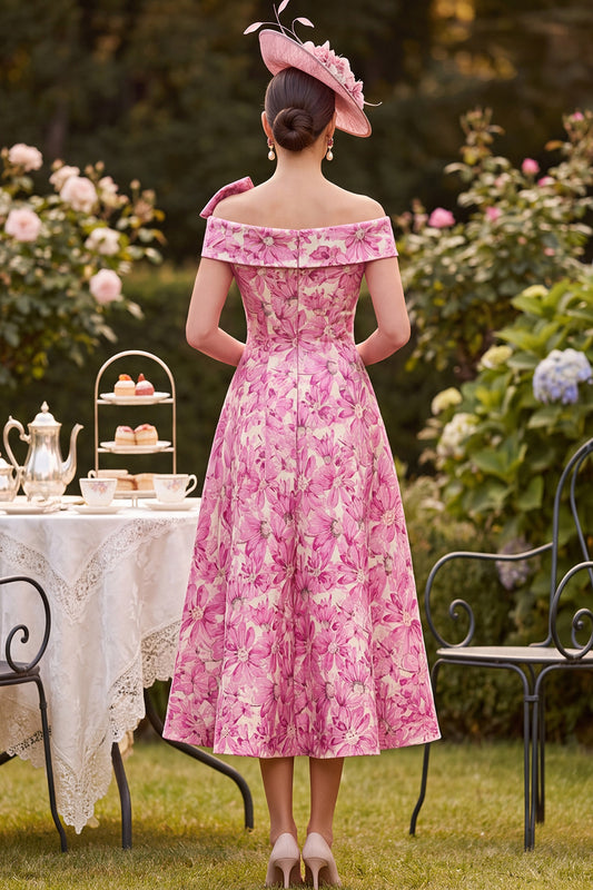 Pink A-Line Off The Shoulder Floral Midi Mother of the Bride Dress with Bow