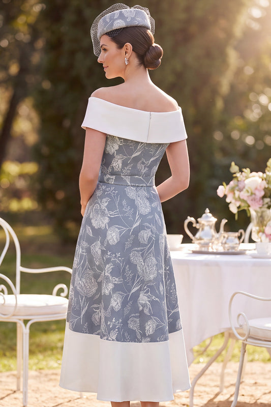 Grey White A-Line Floral High-Low Mother of the Bride Dress with Belt