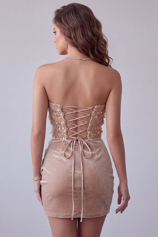 Sparkly Champagne Sequin Floral Strapless Ruched Short Velvet Homecoming Dress
