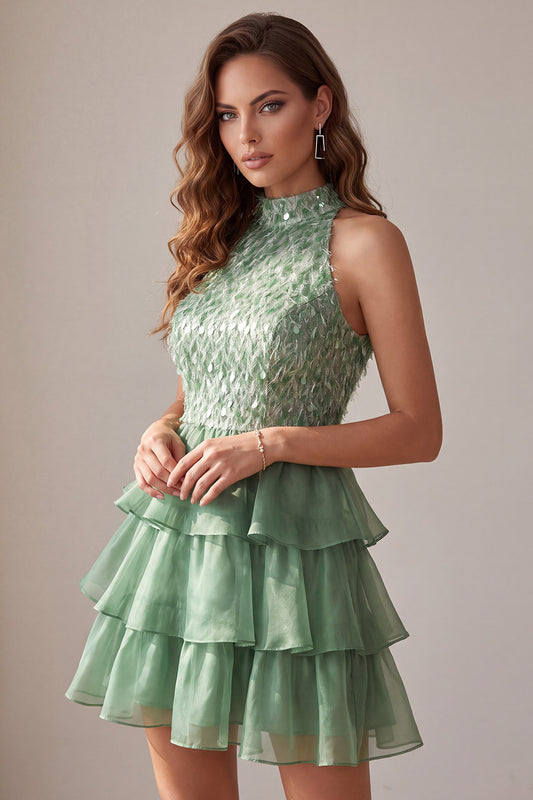 Sparkly Green A Line Tiered Feathered Ruffled Short Homecoming Dress