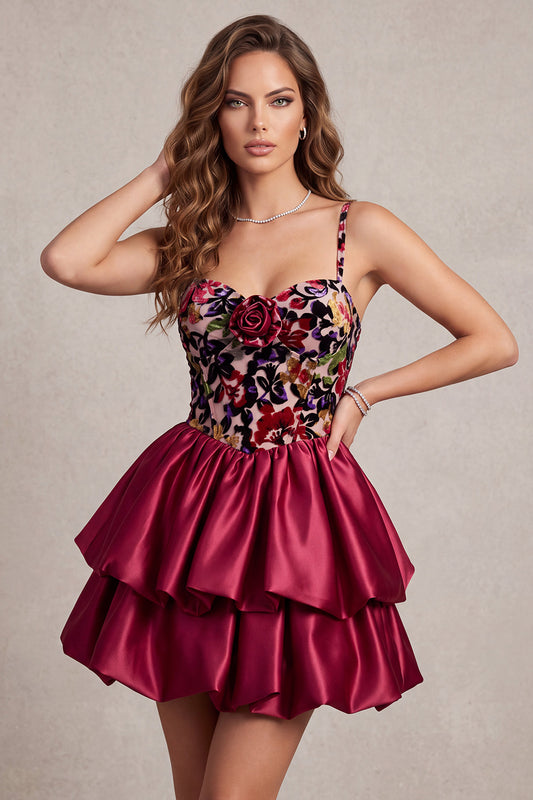 Red Corset Tiered A Line Short Satin Homecoming Dress with 3D Flower