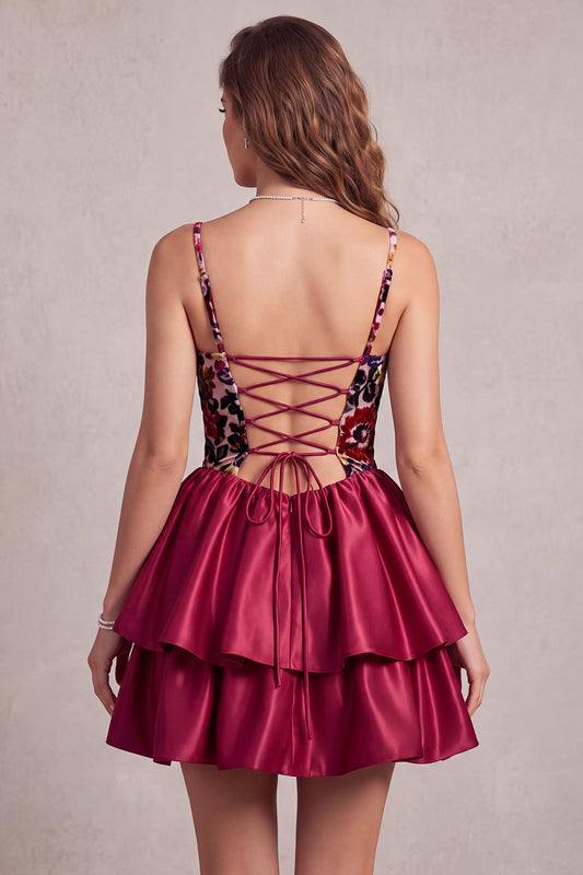 Red Corset Tiered A Line Short Satin Homecoming Dress with 3D Flower