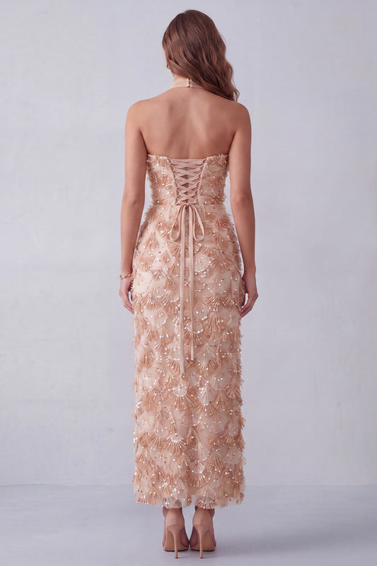Sparkly Khaki Floral Sheath Sequins Long Formal Dress with Neck Scarf