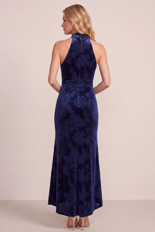 Navy Halter Floral Long Ruched Velvet Holiday Dress with Sash