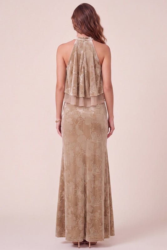 Champagne Ruffled Mermaid Floral Long Velvet Holiday Dress