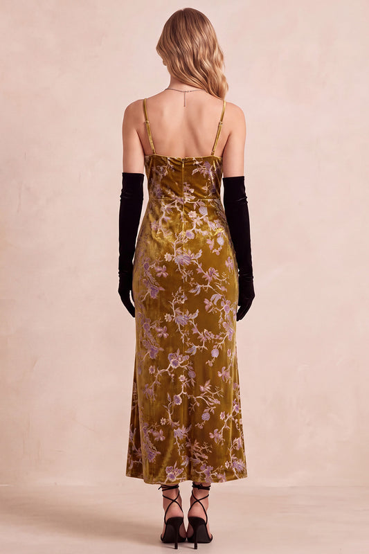 Mustard Gold Sheath Velvet Floral Spaghetti Straps Maxi Holiday Dress
