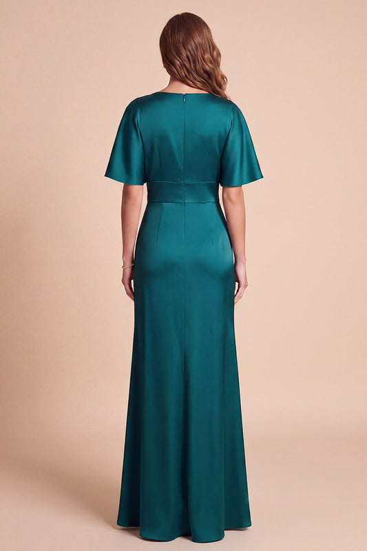 Peacock Green Satin V-Neck Ruched Long Formal Dress with 3D Flowers