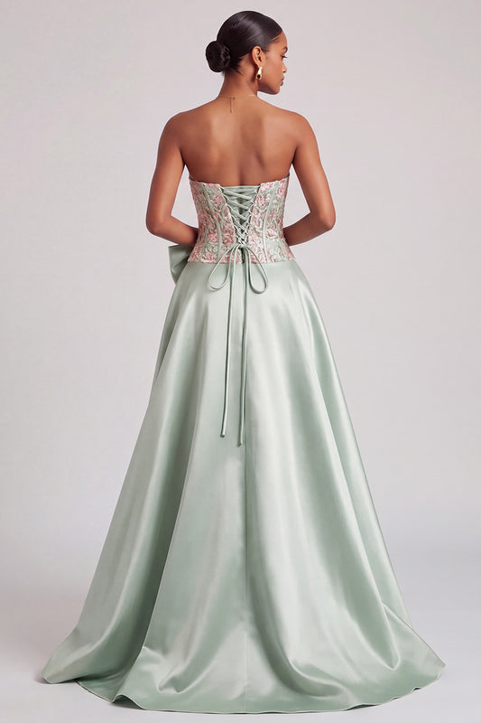 Sparkly Green Satin Corset Sequins Floral A-Line Long Prom Dress with Bow