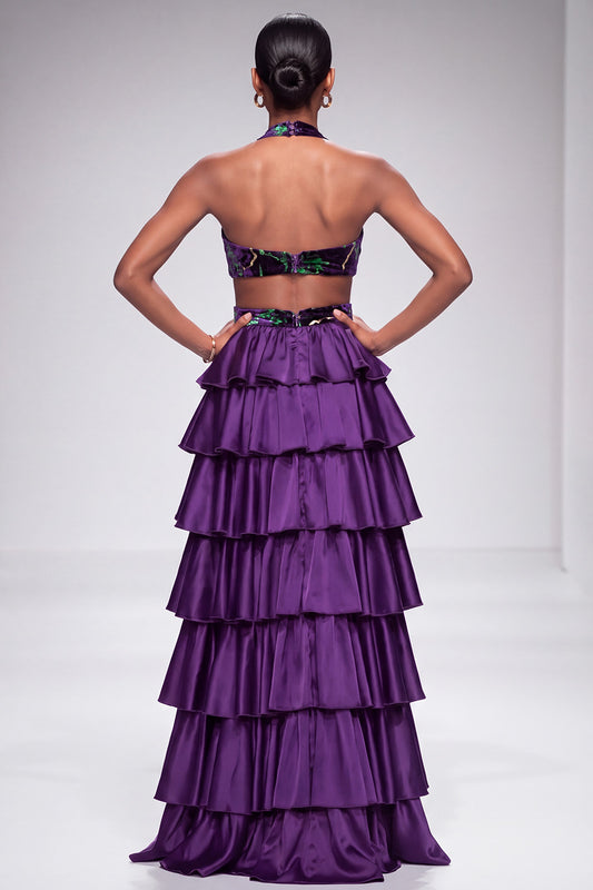 Purple Halter Cut Out Tiered Ruffled Satin Long Prom Dress with Slit
