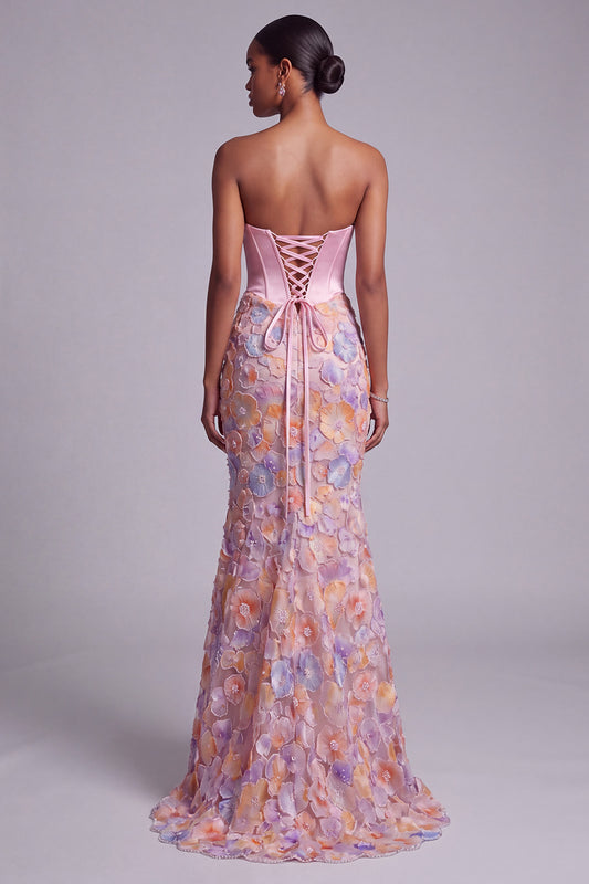 Pink Satin Corset Mermaid Floral Long Prom Dress with Beading