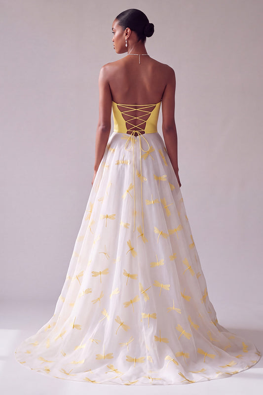Yellow Embroidered Satin A-Line Strapless Long Prom Dress