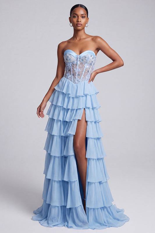 Light Blue Corset Sweetheart Tiered Ruffled Long Prom Dress with Slit