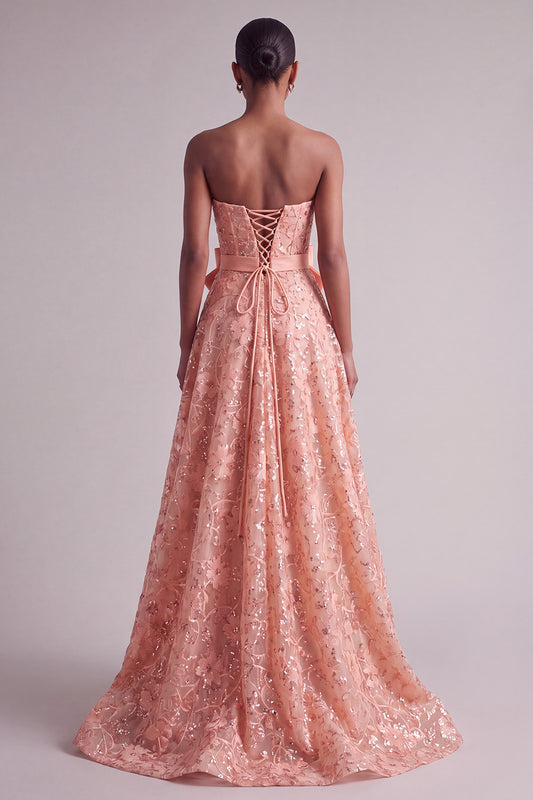 Sparkly Peach Sequins A-Line Floral Long Prom Dress with Bow