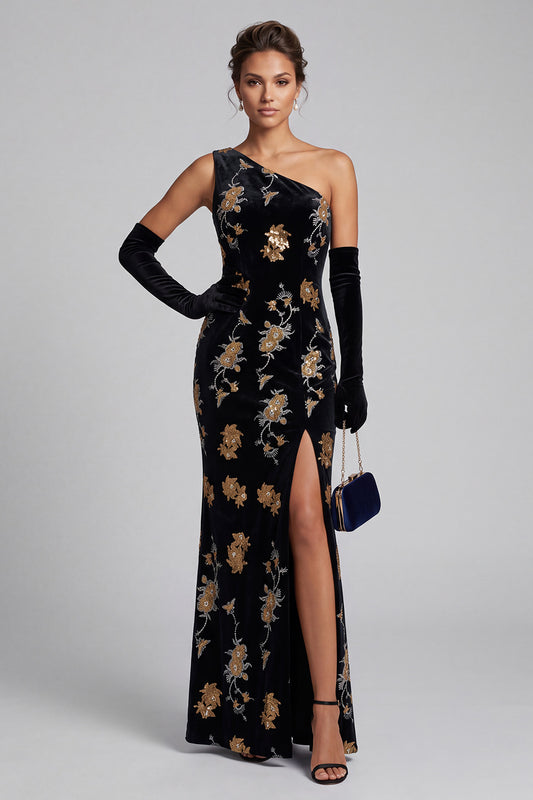 Sparkly Black Velvet Mermaid Sequin Floral Long Mother of the Bride Dress