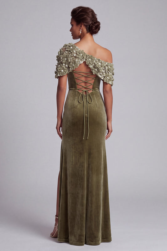 Olive Sheath Floral Beaded Velvet Long Mother of the Bride Dress with Slit