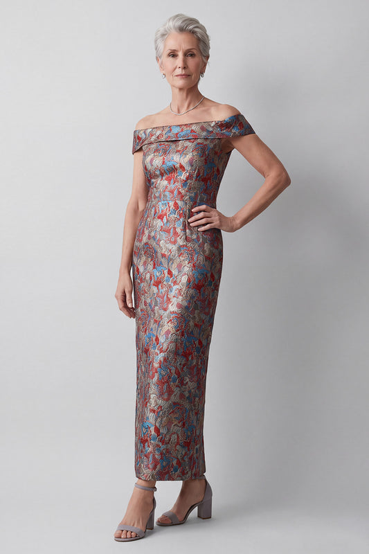 Grey Sheath Off the Shoulder Jacquard Long Mother of the Bride Dress with Slit