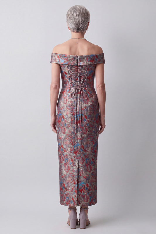 Grey Sheath Off the Shoulder Jacquard Long Mother of the Bride Dress with Slit