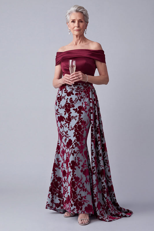 Burgundy Mermaid Ruched Velvet Floral Long Mother of the Bride Dress with Side Cape