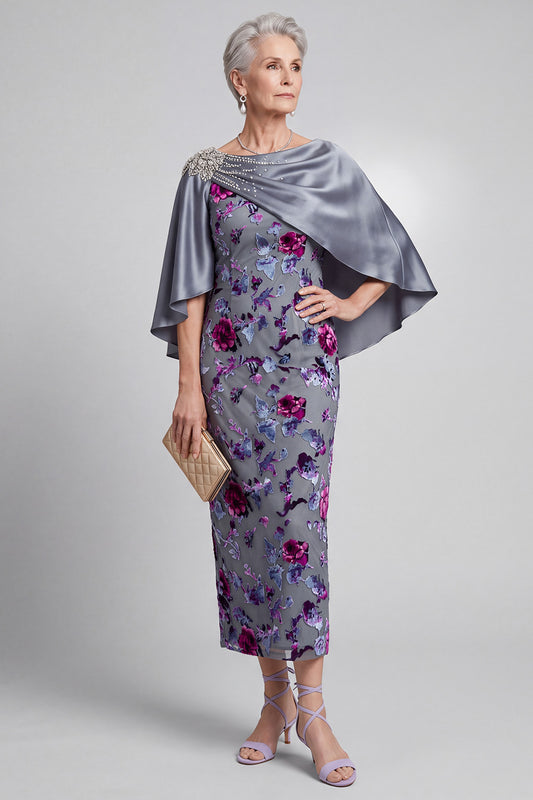 Grey Bodycon 2 Piece Beaded Floral Velvet Midi Mother of the Bride Dress with Cape