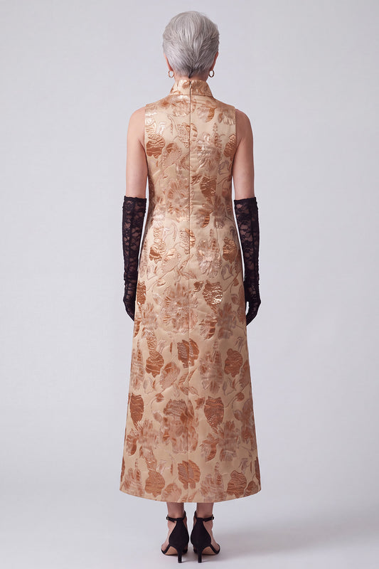 Champagne Sheath High Neck Jacquard Midi Mother of the Bride Dress