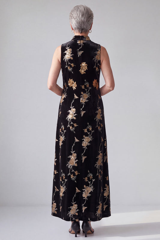 Sparkly Black Sheath High Neck Floral Sequins Long Velvet Mother of the Bride Dress