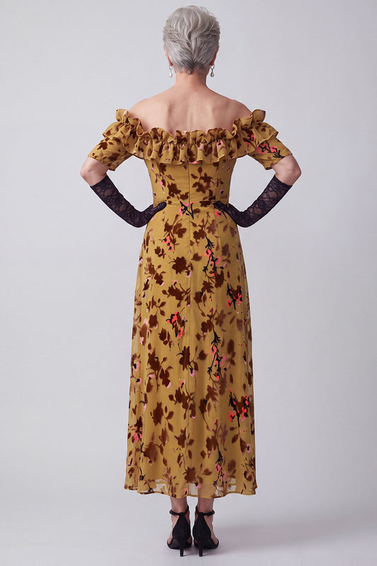 Ginger Yellow Off the Shoulder Ruffled Floral Long Mother of the Bride Dress with Sleeves