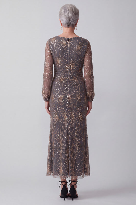 Sparkly Steel Grey Mermaid Ruched Midi Mother of the Bride Dress with Sleeves