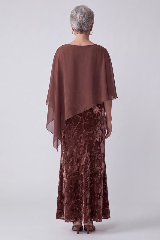 Chocolates 2 Piece Sheath Floral Long Mother of the Bride Dress with Cape