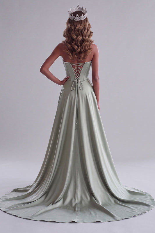 Sparkly Sage Green Corset Sequins Sweetheart Floral Long Pageant Dress with Cape