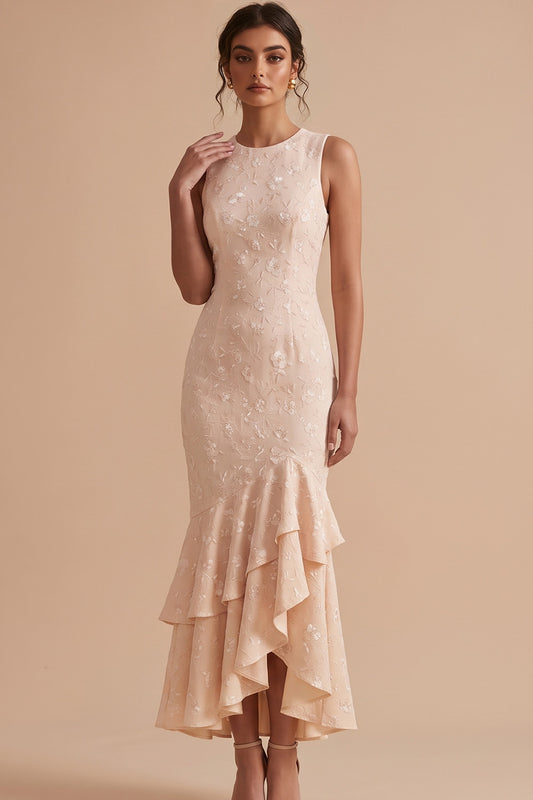 Champagne Mermaid Tiered Ruffled Floral High-Low Wedding Guest Dress