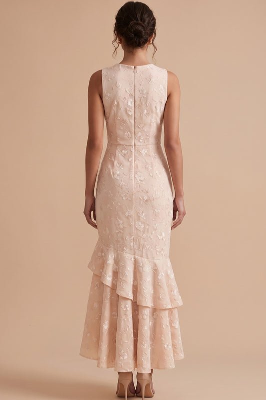 Champagne Mermaid Tiered Ruffled Floral High-Low Wedding Guest Dress